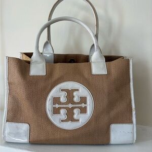 Tory Burch Ella Natural Straw Tote Bag White Patent Leather
